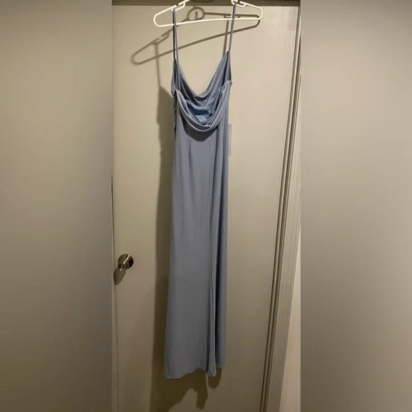 Azazie Sophisticated Gray Draped Midi Dress - Picture 8 of 16